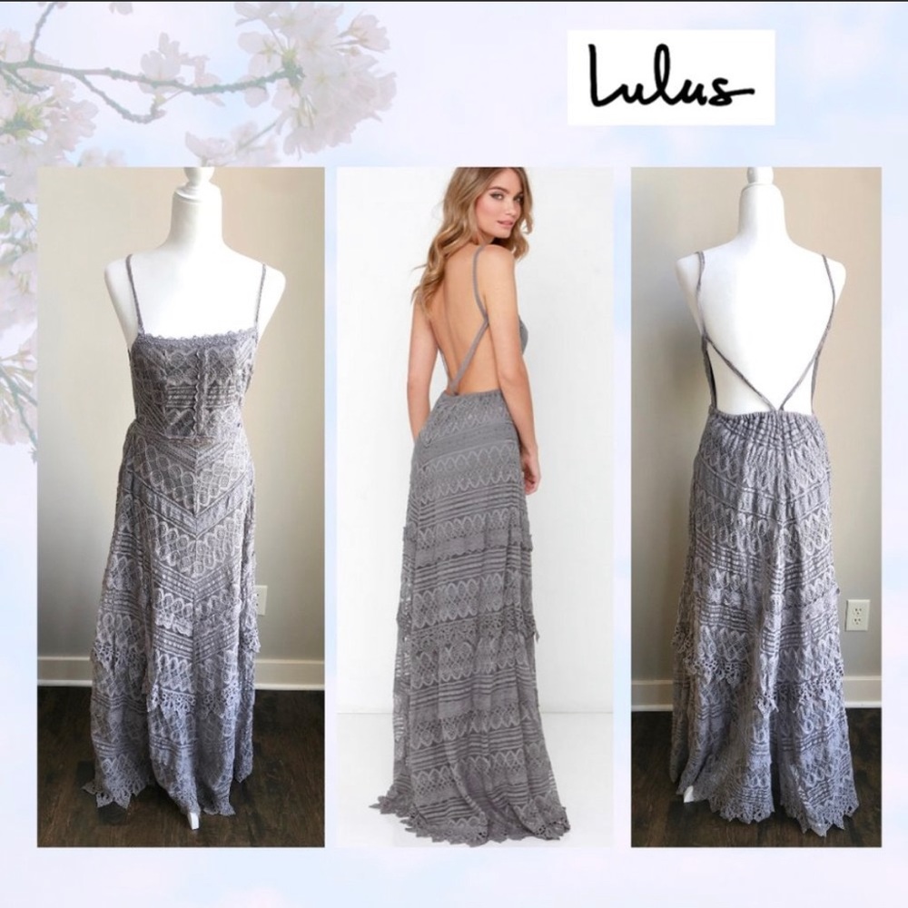 Lulus Beneath the Garden Arbor Grey Lace Maxi Sz L